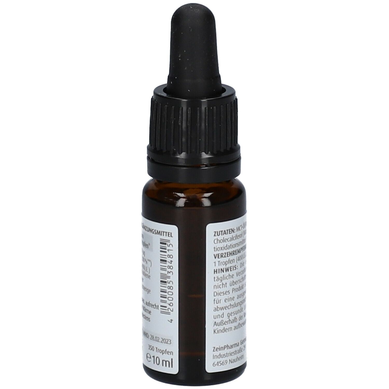 Braune Glasflasche mit schwarzem Tropfer. Etikett mit Inhaltsstoffen und Chargennummer. Zein Pharma Vitamin D3 für Kinder.