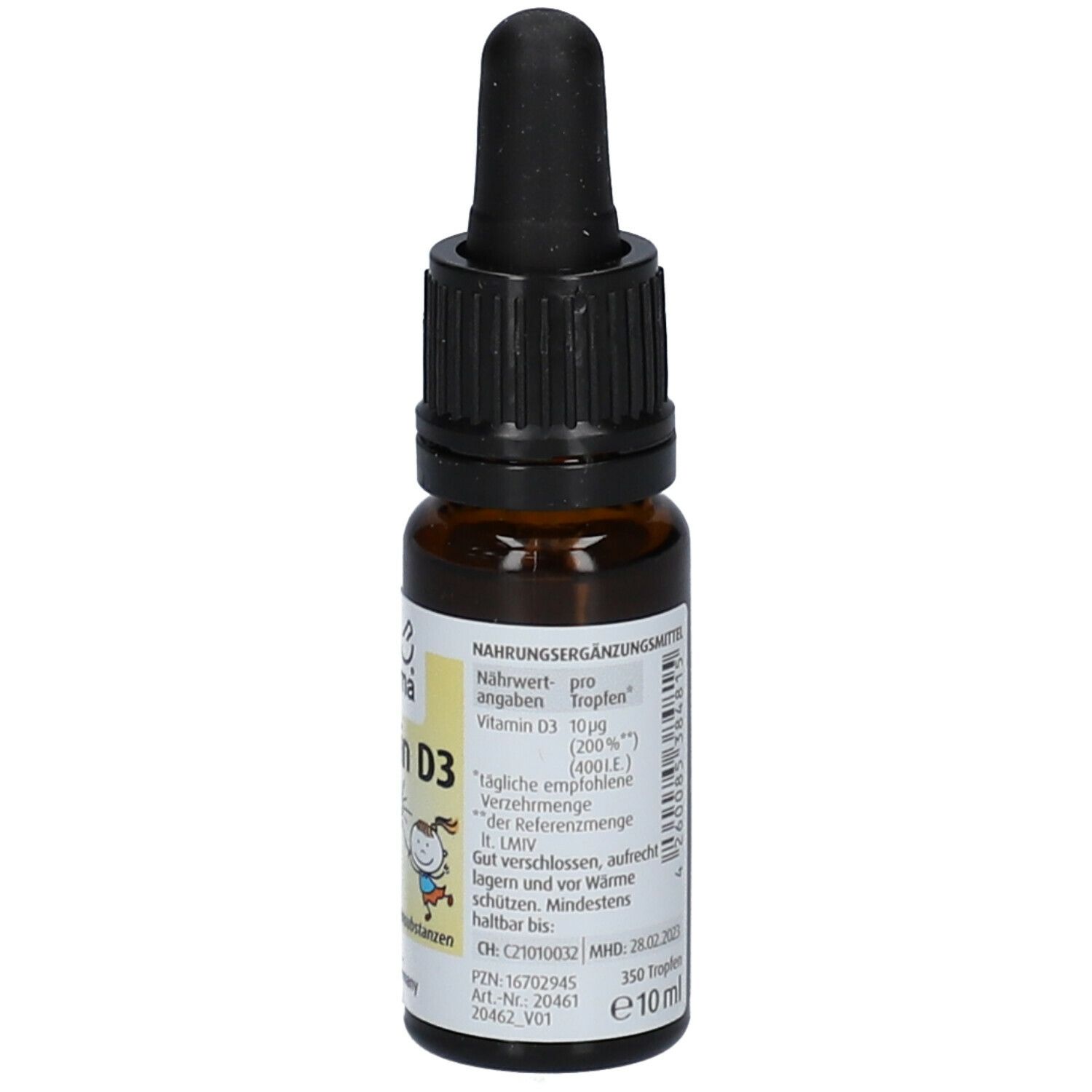 Braune Glasflasche mit schwarzem Tropfer. Etikett mit Nährwertangaben und MHD. Zein Pharma Vitamin D3 für Kinder.