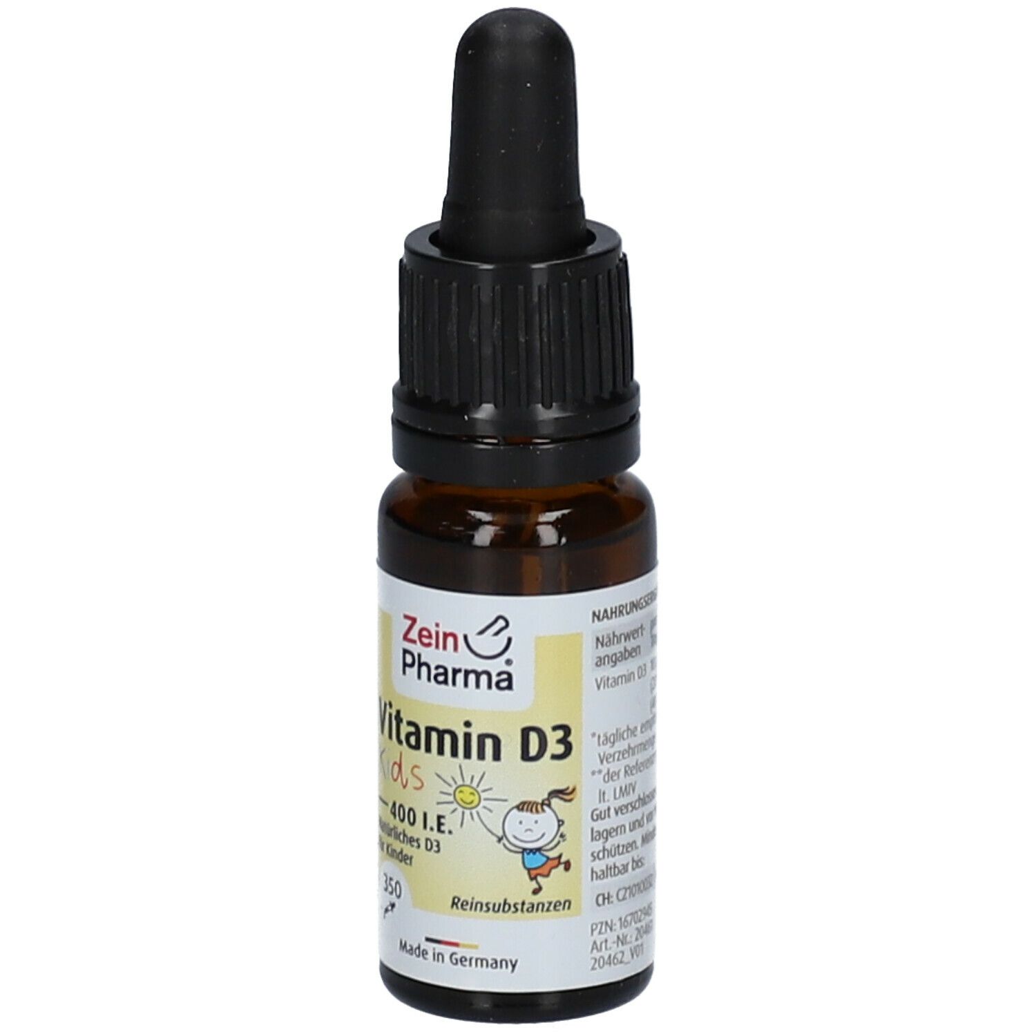 Braune Glasflasche mit schwarzem Tropfer. Etikett mit "Vitamin D3 Kids" und "Zein Pharma" Logo. Tropfenflasche für Kinder.