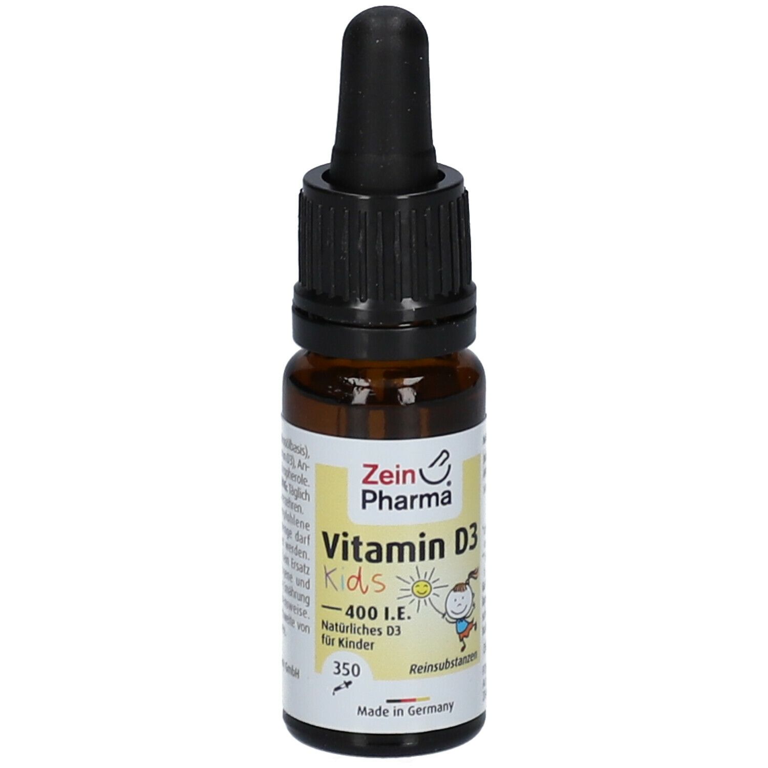 Braune Glasflasche mit schwarzem Tropfer. Etikett mit "Vitamin D3 Kids" und "Zein Pharma" Logo. Tropfenflasche für Kinder.