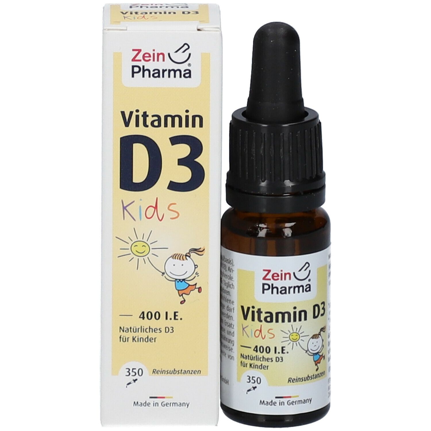 Produktverpackung mit Flasche und Karton. Karton mit "Vitamin D3 Kids" und "Zein Pharma" Logo. Tropfenflasche für Kinder.