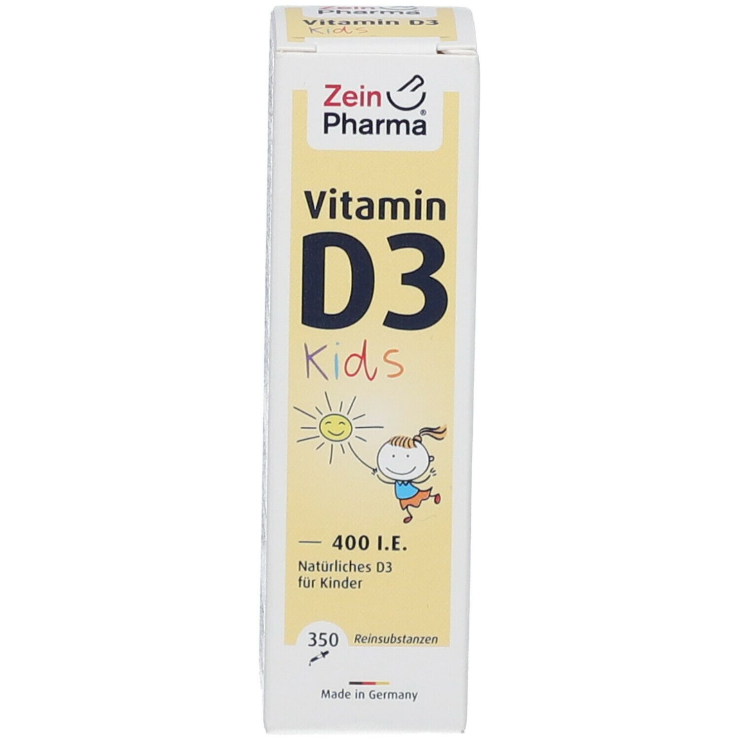 Produktverpackung. Karton mit "Vitamin D3 Kids" und "Zein Pharma" Logo. Produkt für Kinder.