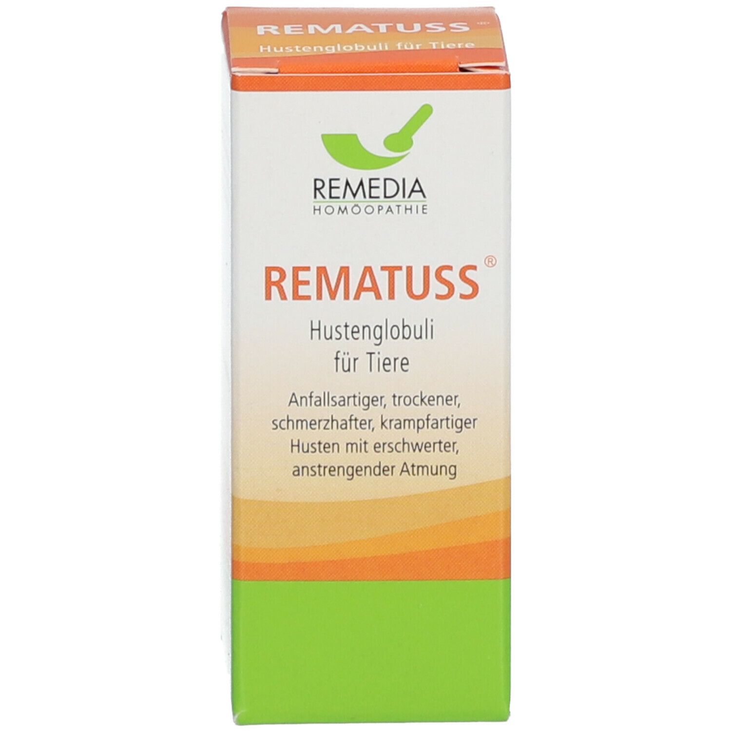 Verpackung mit Beschriftung: RemaTuss Hustenglobuli für Tiere. REMEDIA Logo. Orange-weißes Design.