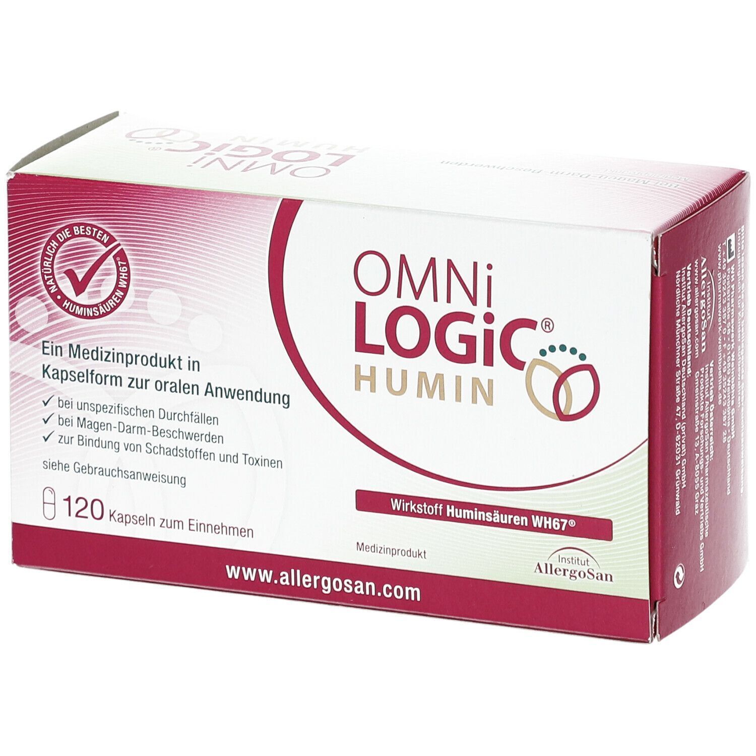 OMNi LOGiC HUMIN-Verpackung. 120 Kapseln. Medizinprodukt in Kapselform. Bei unspezifischen Durchfällen, Magen-Darm-Beschwerden.