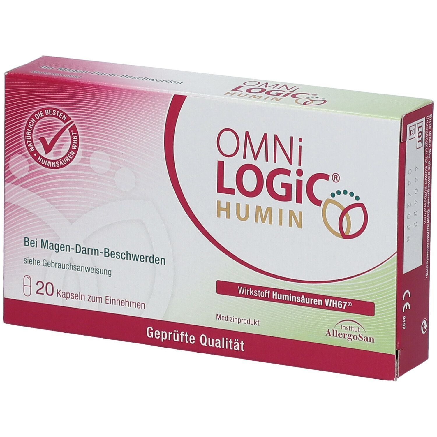 OMNI LOGIC HUMIN Packung. 20 Kapseln. Medizinprodukt. Geprüfte Qualität. Logo Allergosan.