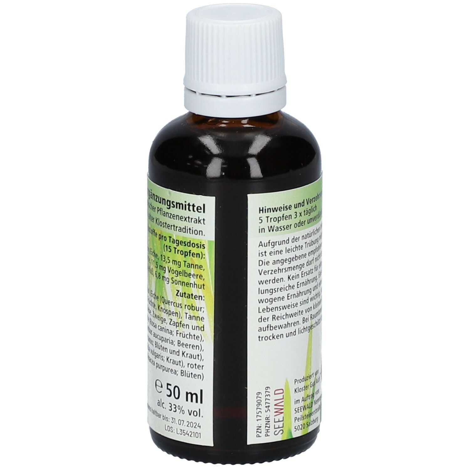 Braune Glasflasche mit weißem Deckel. Etikett mit Produktinformationen, Zutaten und Volumen. 50 ml.