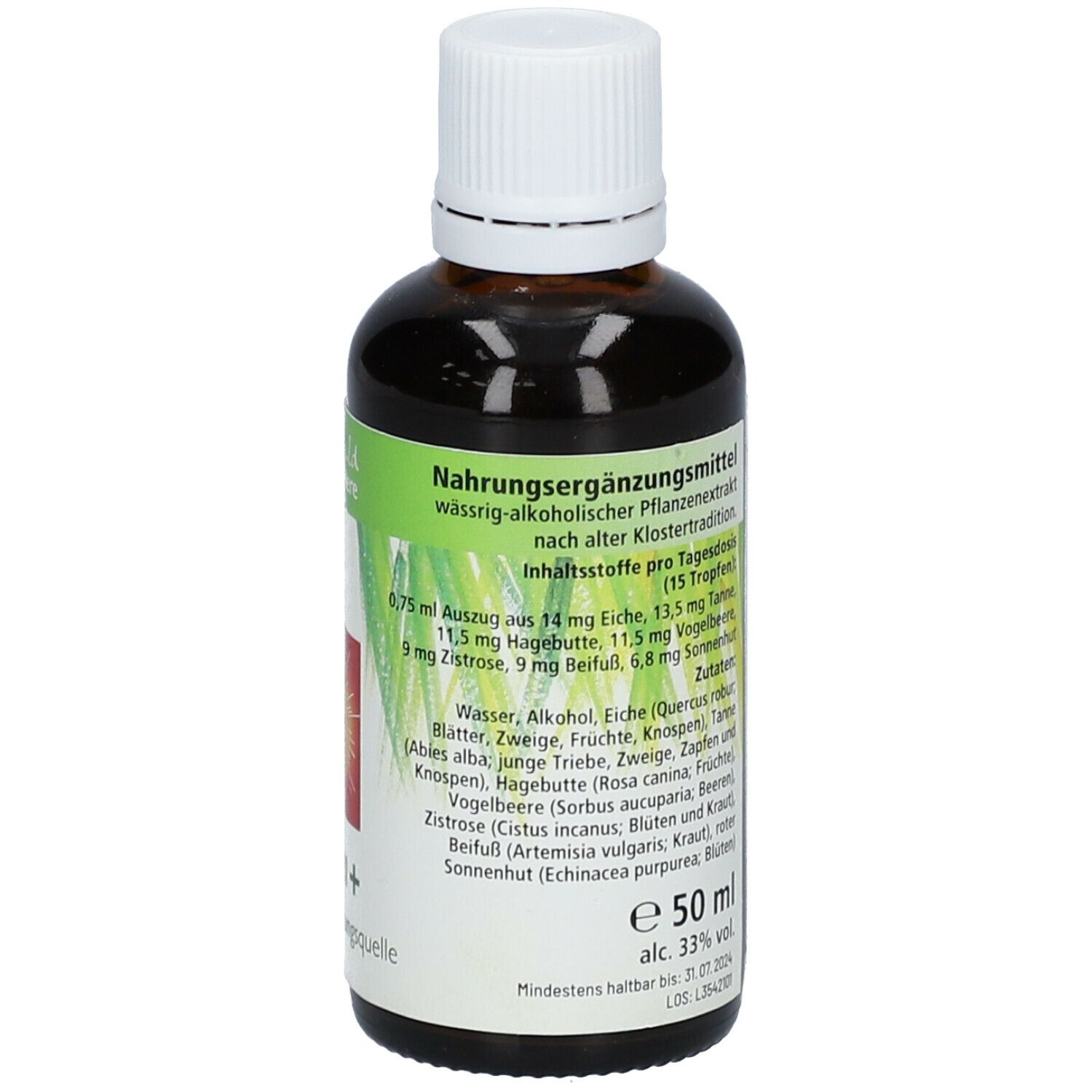 Braune Glasflasche mit weißem Deckel. Etikett mit Produktinformationen, Zutaten und Volumen. 50 ml.
