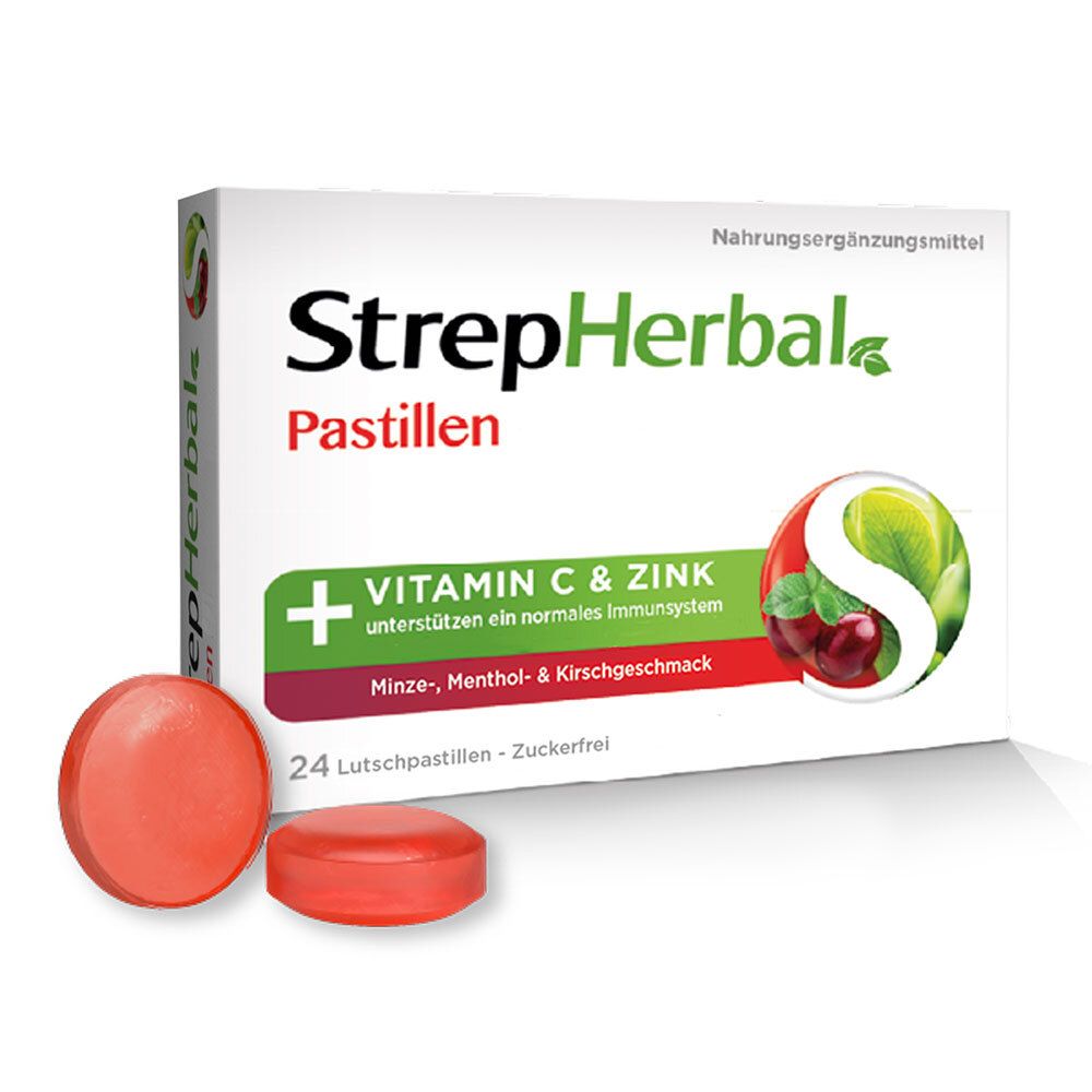Runde, rote Pastillen neben einer Schachtel. Auf der Schachtel steht StrepHerbal Pastillen, Vitamin C & Zink, 24 Lutschpastillen.