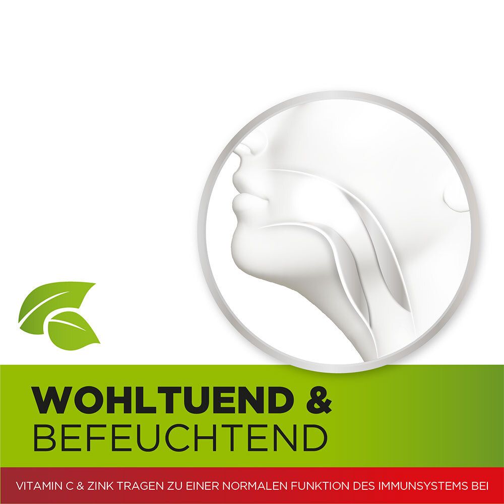 Illustration eines Mund- und Rachenraums. Text: Wohltuend & befeuchtend. Vitamin C & Zink tragen zu einer normalen Funktion des Immunsystems bei.