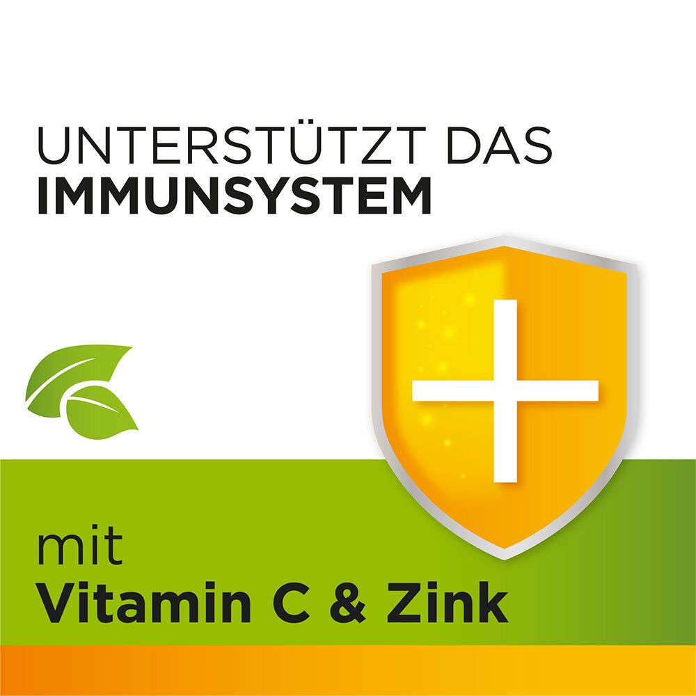 Gelbes Schild mit weißem Kreuz und Text: Vitamin C & Zink.