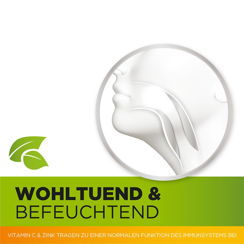 Illustration eines Mundes und Halses. Text: Wohltuend & befeuchtend.