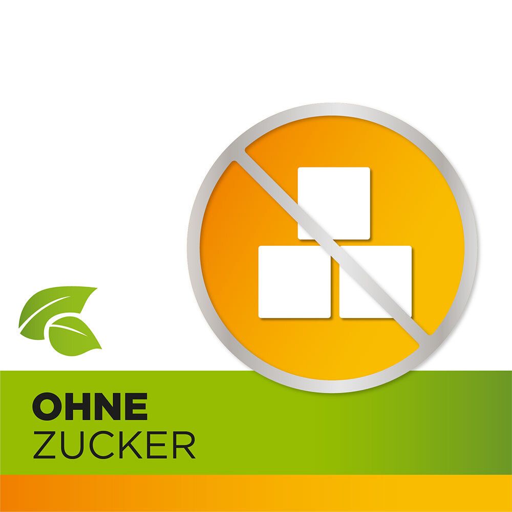 Rundes gelbes Symbol mit durchgestrichenen Zuckerwürfeln. Text: Ohne Zucker.