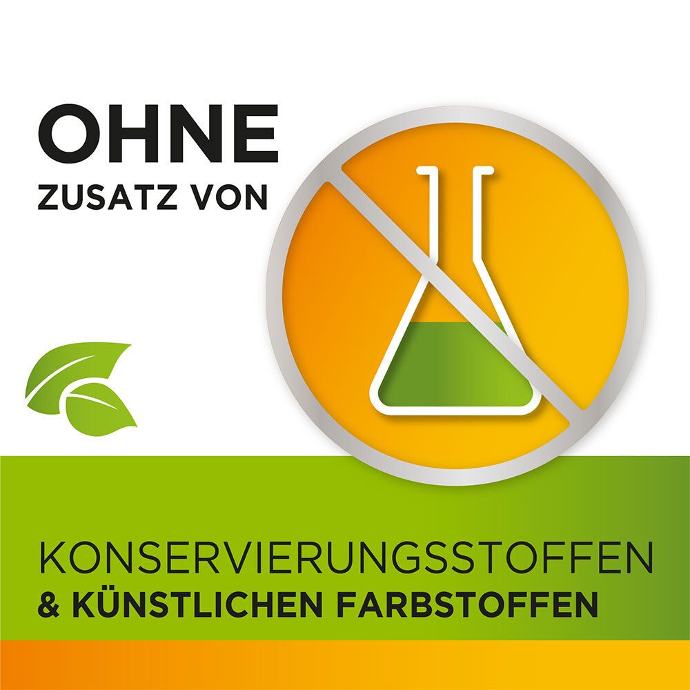 Rundes gelbes Symbol mit durchgestrichenem Reagenzglas. Text: Ohne Zusatz von Konservierungsstoffen.
