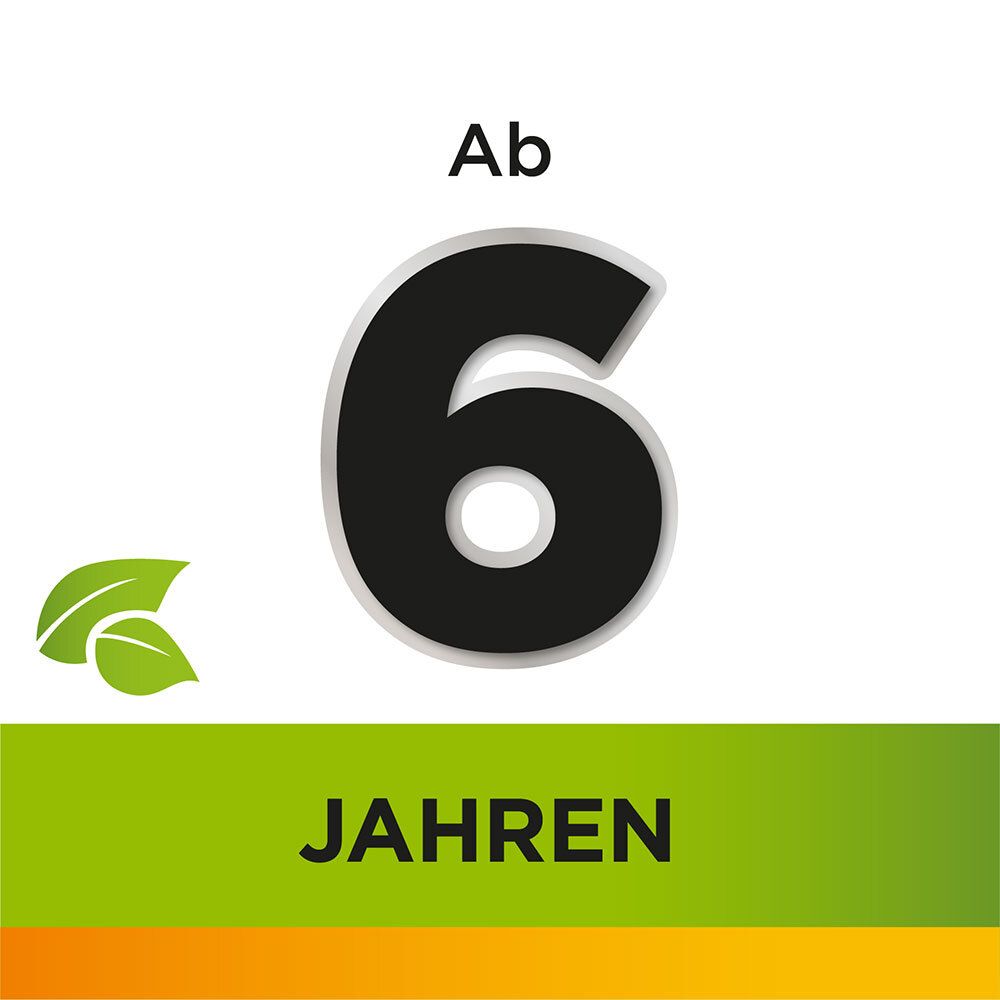 Schwarze Zahl 6 in einem Kreis. Text: Ab 6 Jahren.