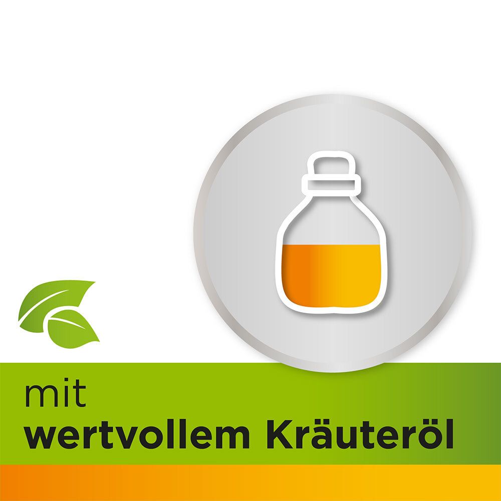 Symbol einer Ölflasche. Text: Mit wertvollem Kräuteröl.