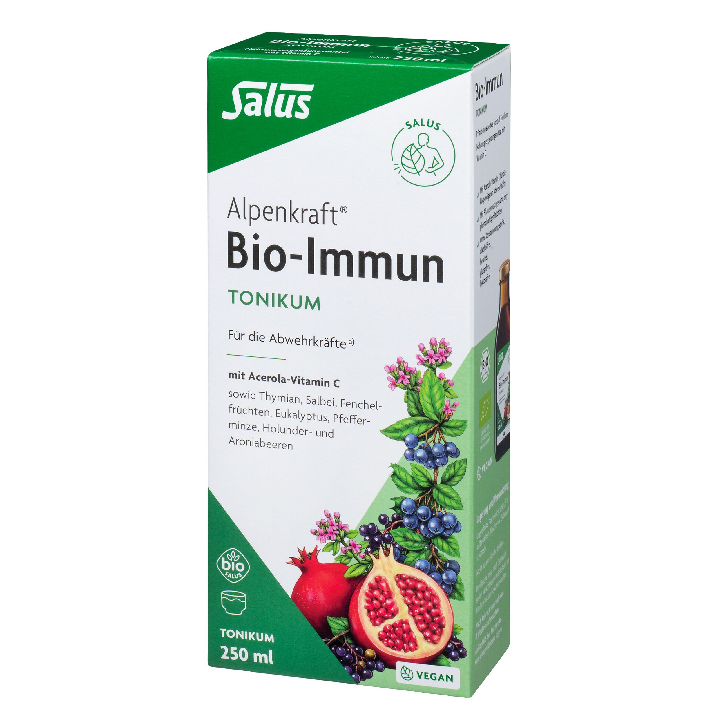 Salus Alpenkraft Bio-Immun Tonikum. Grün-weiße Verpackung mit Produktnamen und Illustrationen von Früchten. 250 ml.