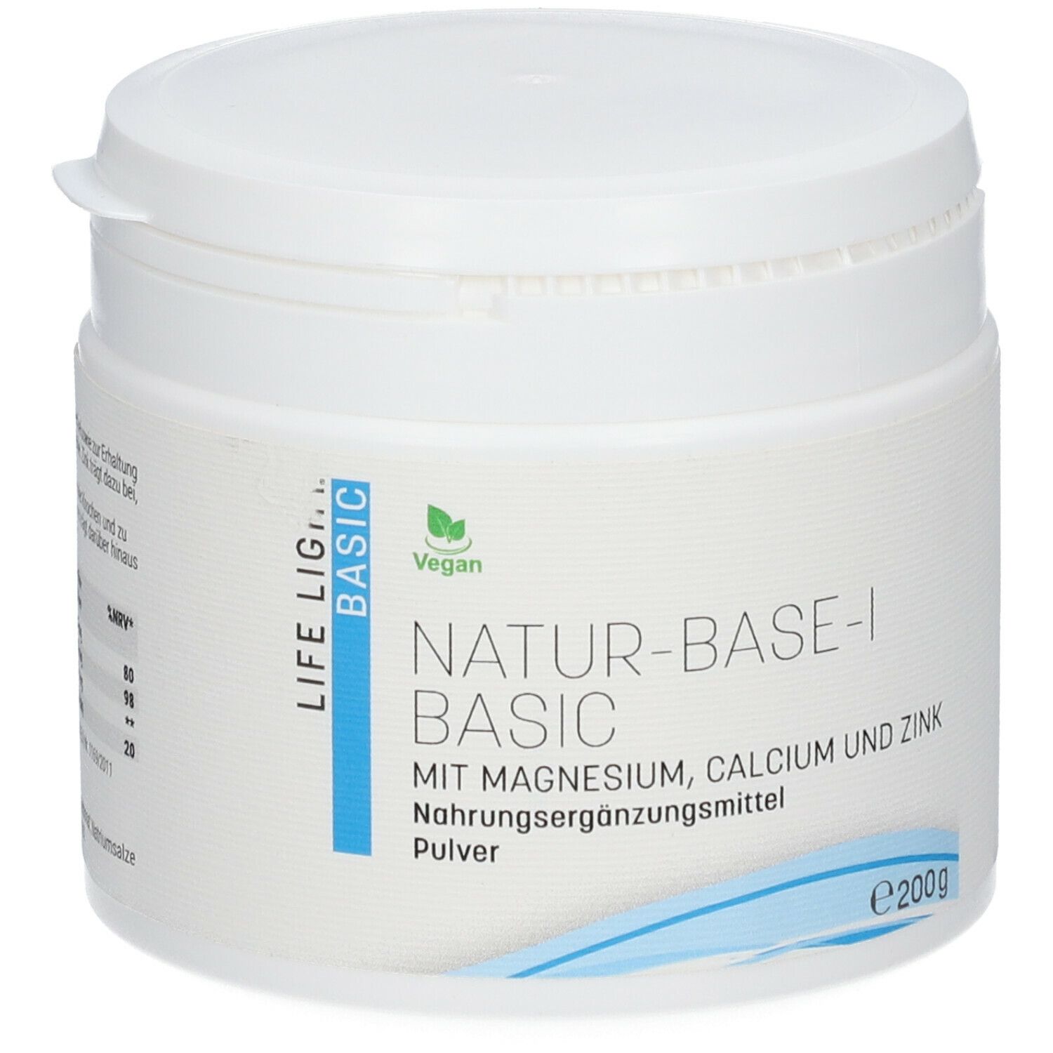 Weiße Dose mit Deckel. Aufschrift: LIFE LIGHT NATUR-BASE-I BASIC, Vegan-Logo, Pulver, 200g.