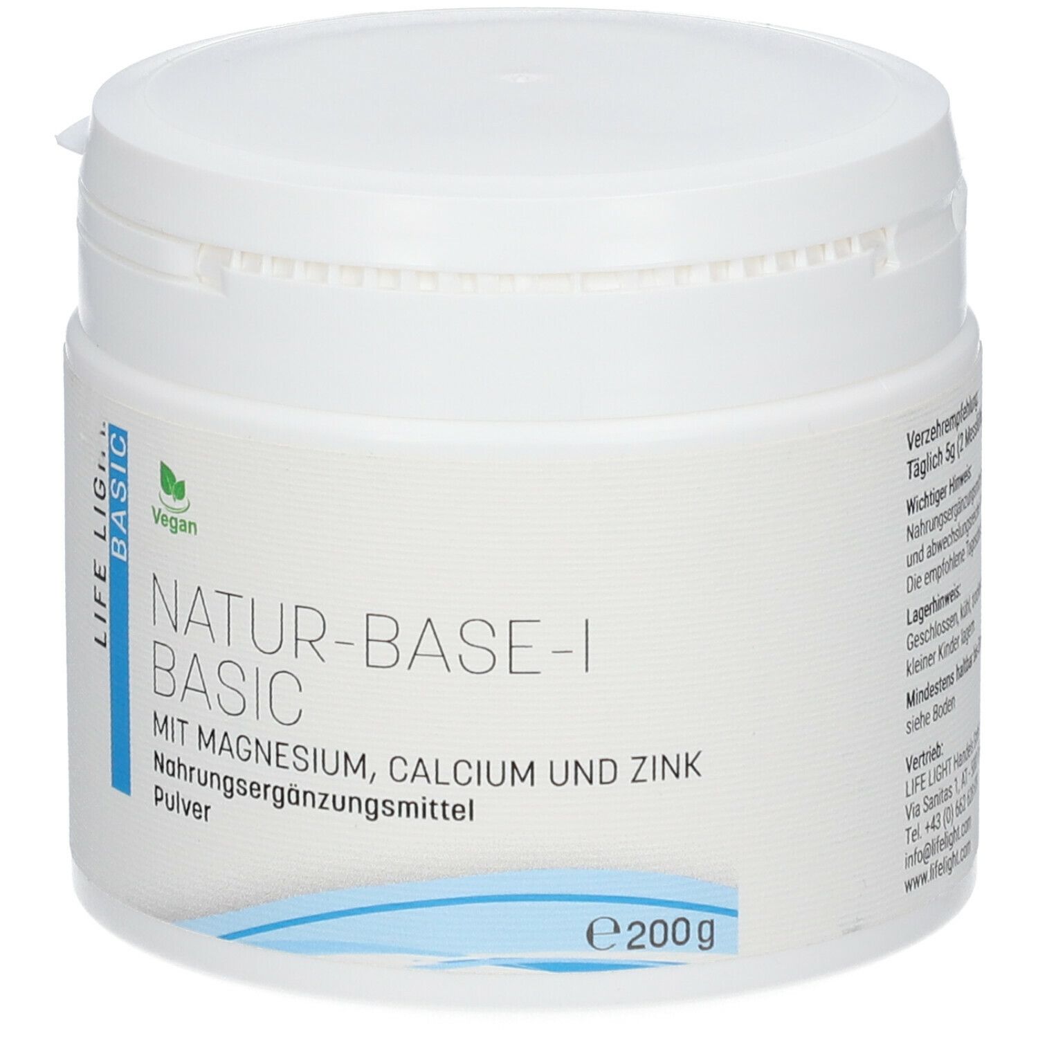 Weiße Dose mit Deckel. Aufschrift: LIFE LIGHT NATUR-BASE-I BASIC, Vegan-Logo, Pulver, 200g.