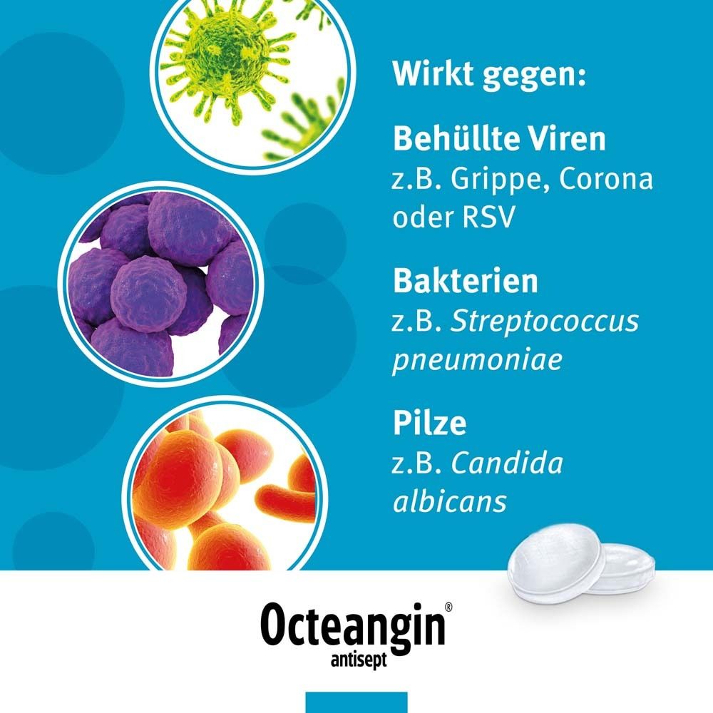 Grafik mit Viren, Bakterien und Pilzen. Text: Wirkt gegen: behüllte Viren, Bakterien, Pilze. Zwei Pastillen unten rechts.