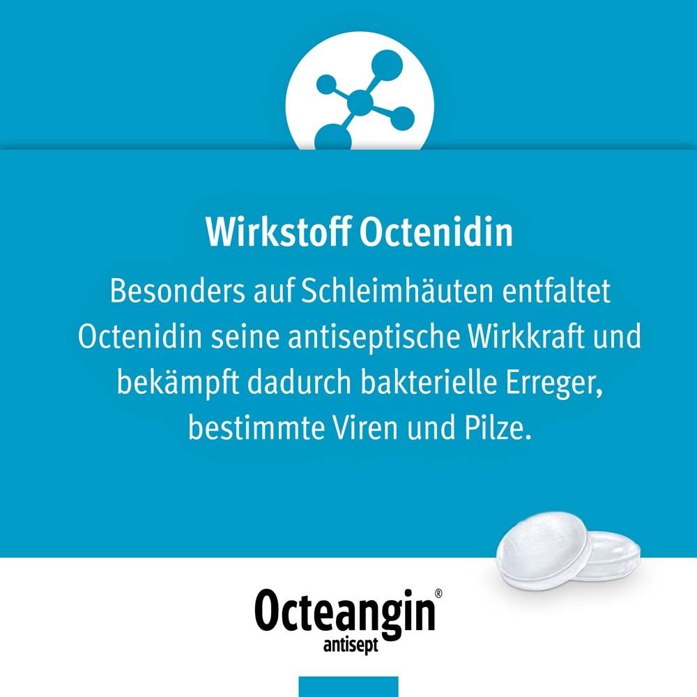 Grafik mit Text: Wirkstoff Octenidin. Octenidin wirkt antiseptisch gegen bakterielle Erreger, Viren und Pilze. Zwei Pastillen.