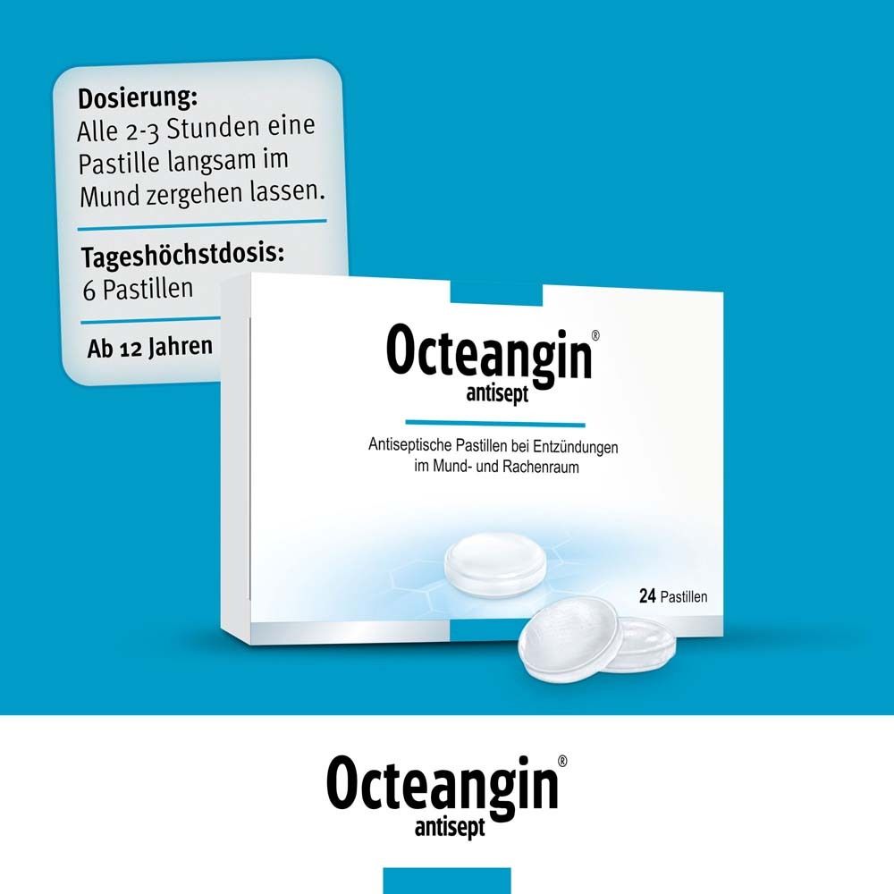 Schachtel mit Octeangin antisept Pastillen. Text: Dosierung: Alle 2-3 Stunden eine Pastille im Mund zergehen lassen.