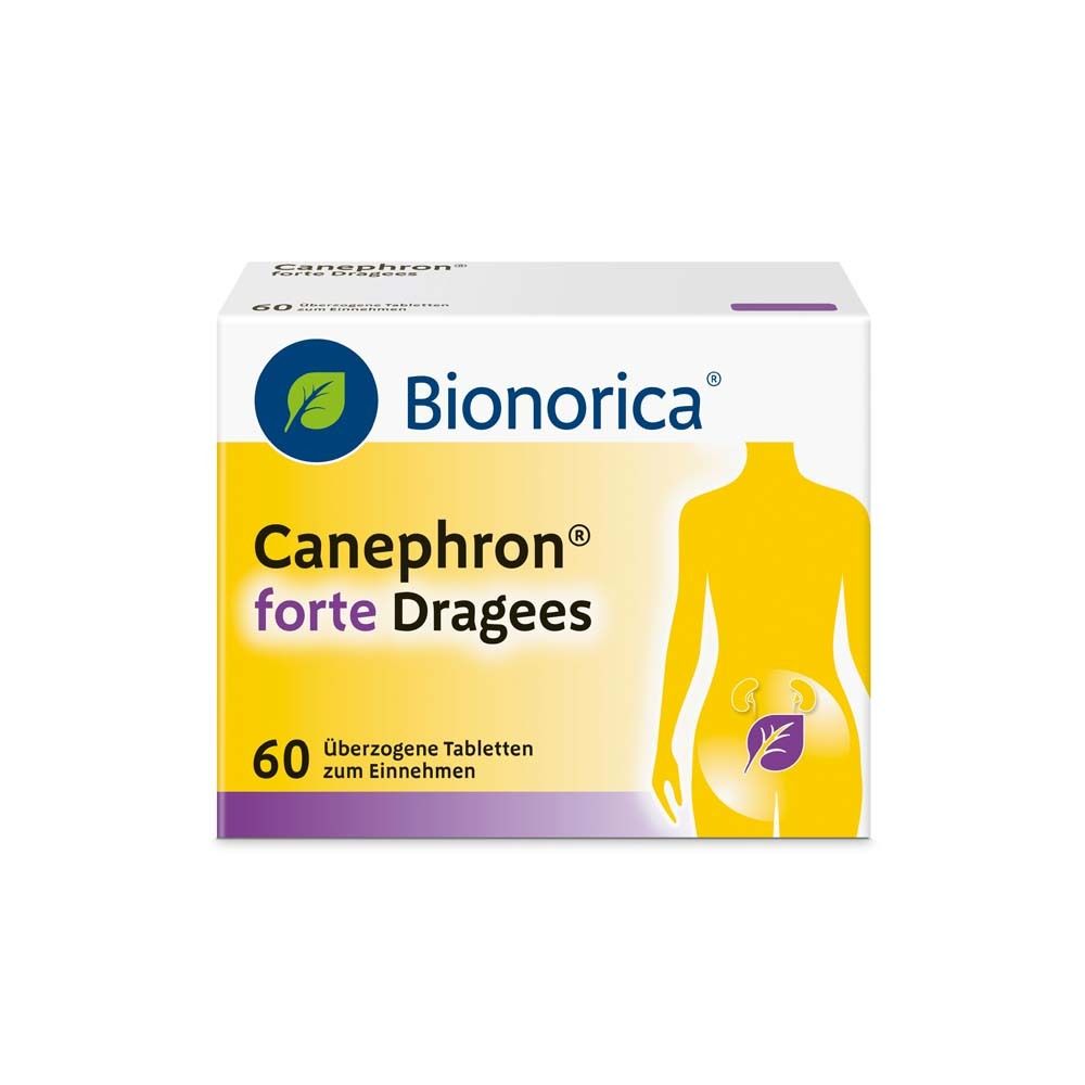 Weiße Schachtel mit Canephron® forte Dragees. Logo Bionorica. 60 Tabletten. Gelbe Silhouette.
