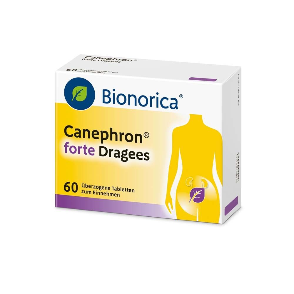 Weiße Schachtel Canephron® forte Dragees. Logo Bionorica. 60 Tabletten. Gelbe Silhouette.