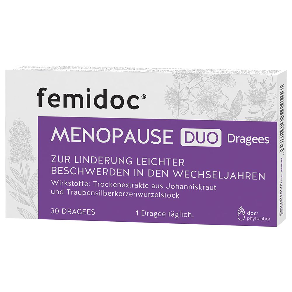 Weiß-lila Schachtel mit "femidoc MENOPAUSE DUO". Enthält 30 Dragees. Text: "Zur Linderung leichter Beschwerden in den Wechseljahren".