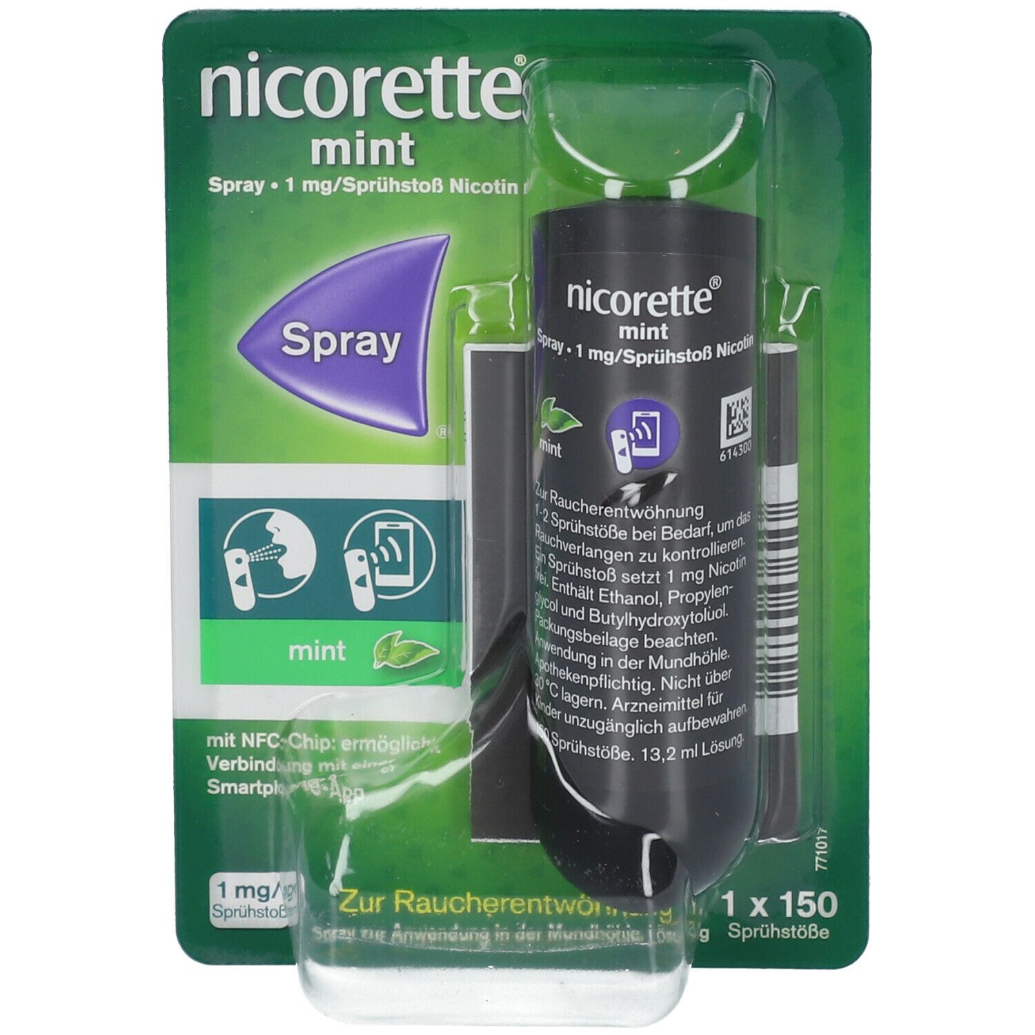 nicorette® mint Spray in Verpackung. Schwarze Flasche, grüne Akzente. 1 mg/Sprühstoß. 150 Sprühstöße.
