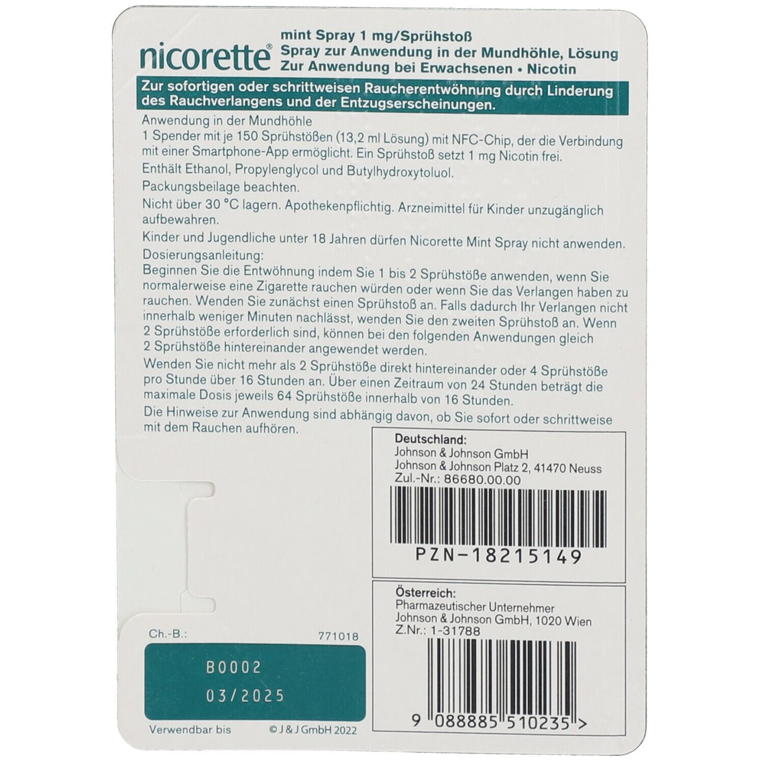 Rückseite der Verpackung. Text: Anwendungshinweise, Inhaltsstoffe, Kontaktinformationen.