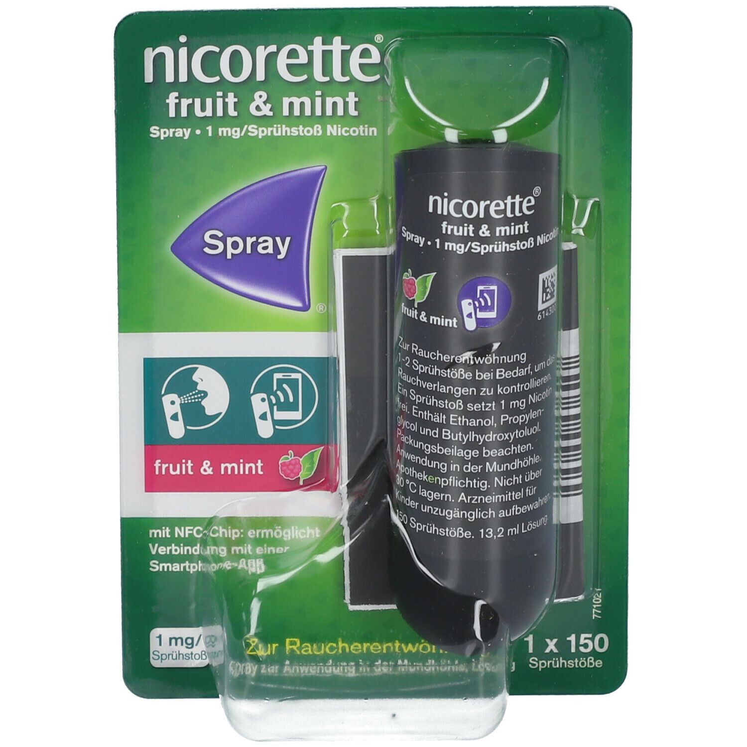 nicorette® fruit & mint Spray in Verpackung. Nahaufnahme. 1 mg/Sprühstoß, 150 Sprühstöße.