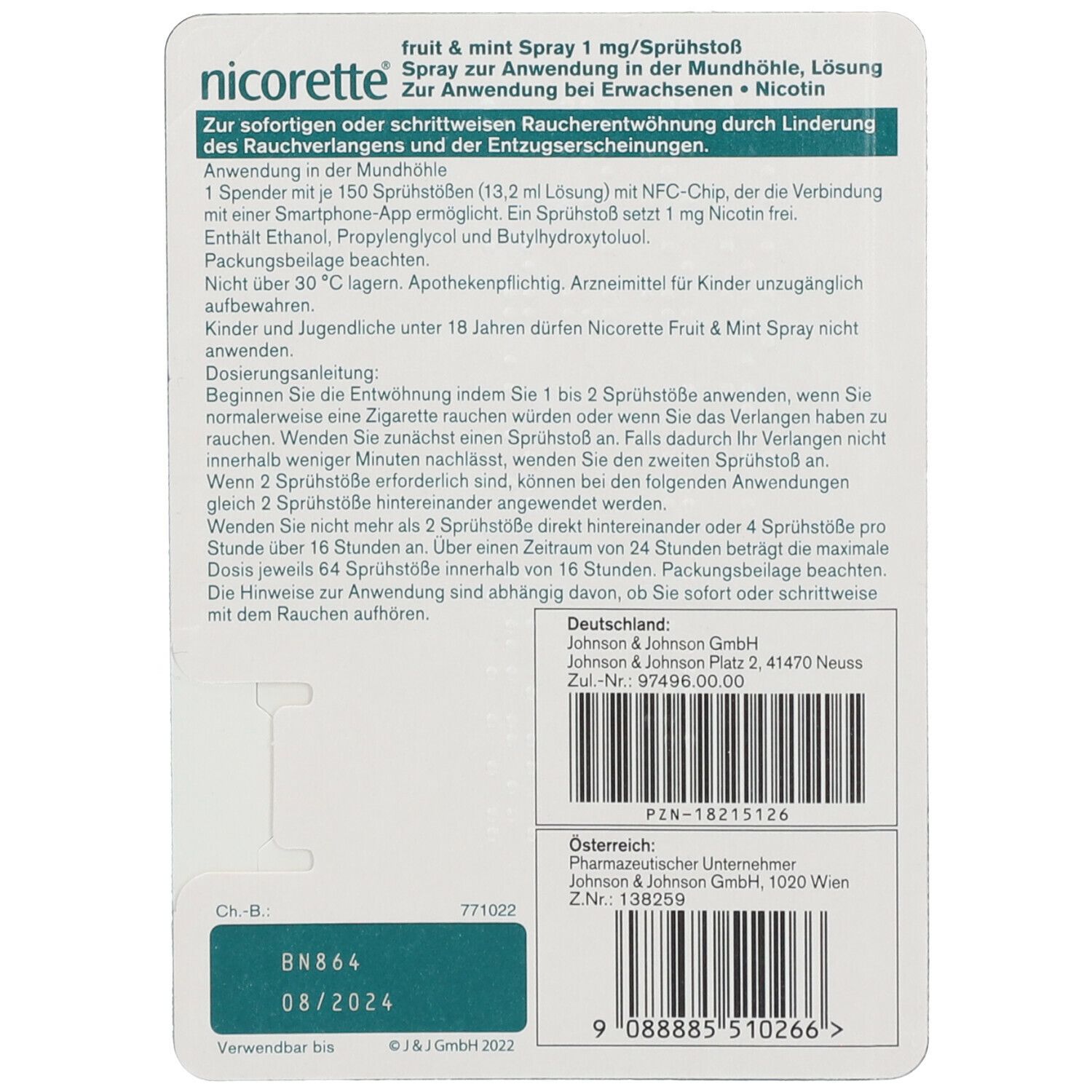 Rückseite der Verpackung von nicorette® fruit & mint Spray. Text und Informationen.
