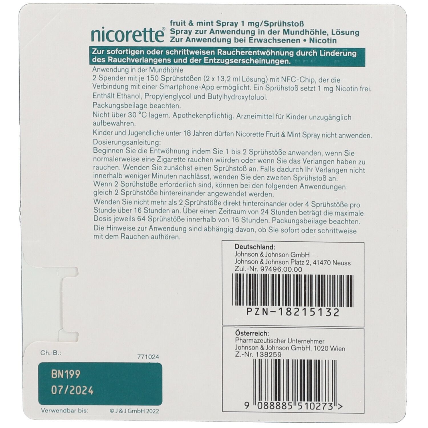 Produktinformationen und Anwendungshinweise für nicorette® fruit & mint Spray. Text in deutscher Sprache.