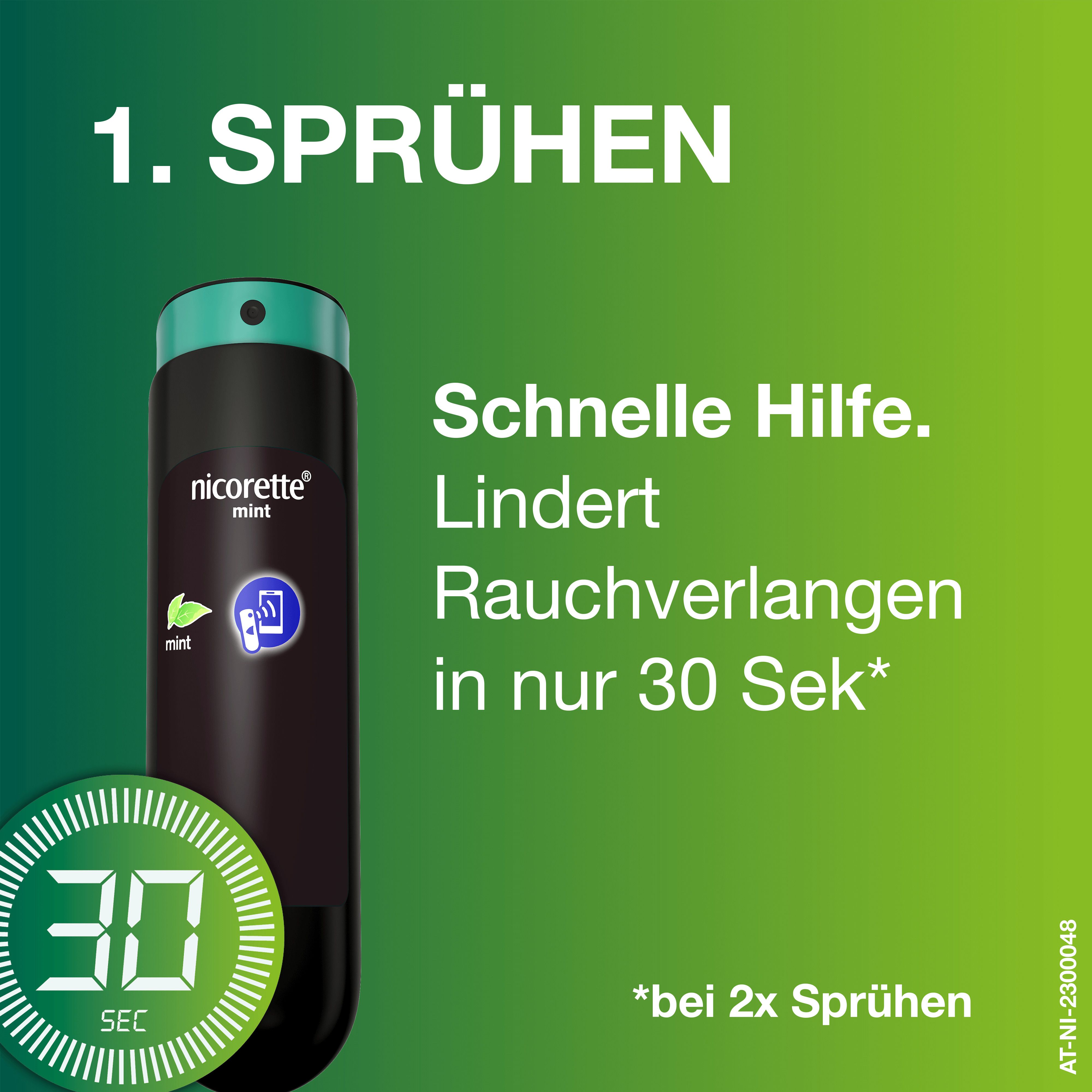 nicorette® mint Spray-Flasche. Text: Schnelle Hilfe. Lindert Rauchverlangen in nur 30 Sek.