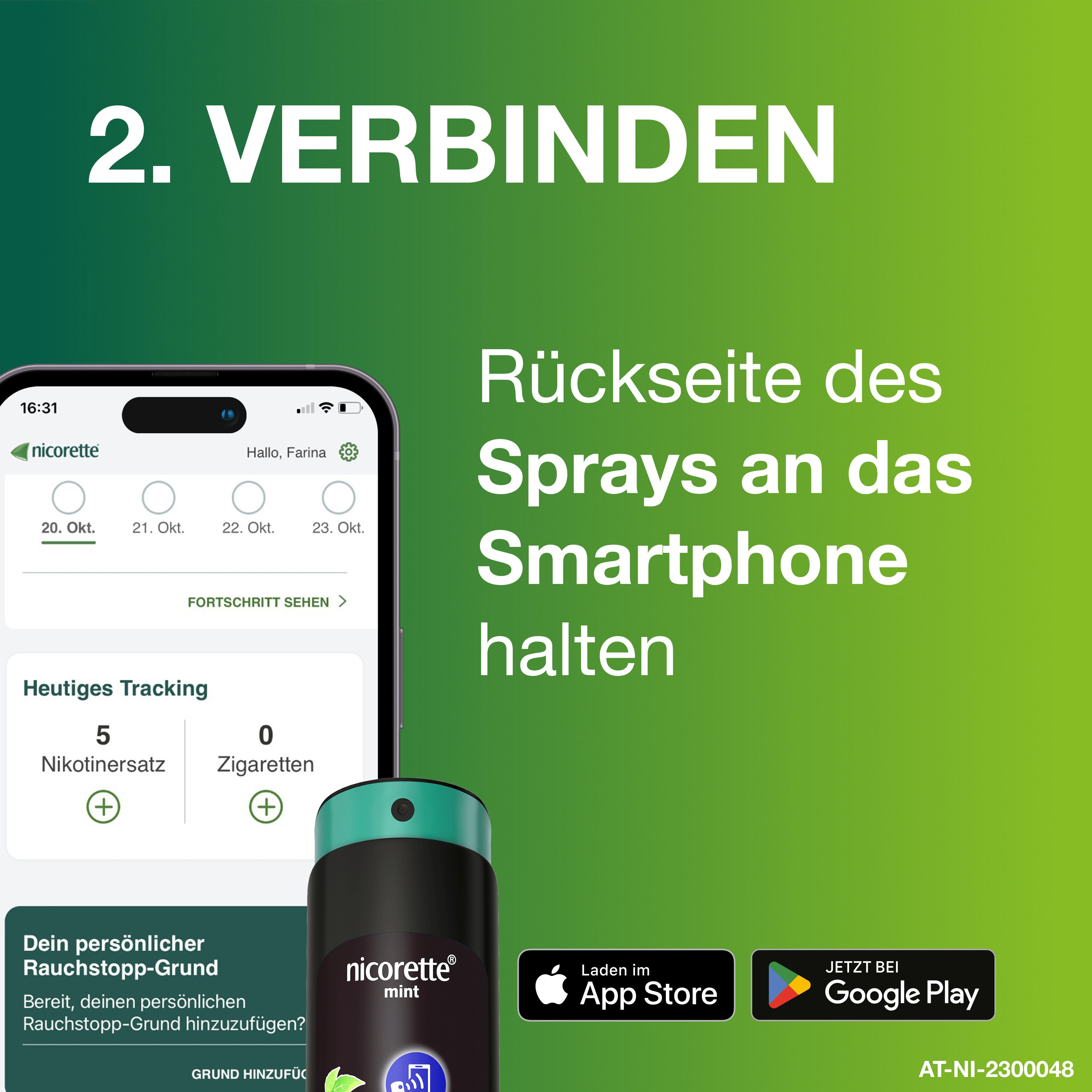 Smartphone mit nicorette® mint Spray. Text: Rückseite des Sprays an das Smartphone halten. App-Store und Google Play.