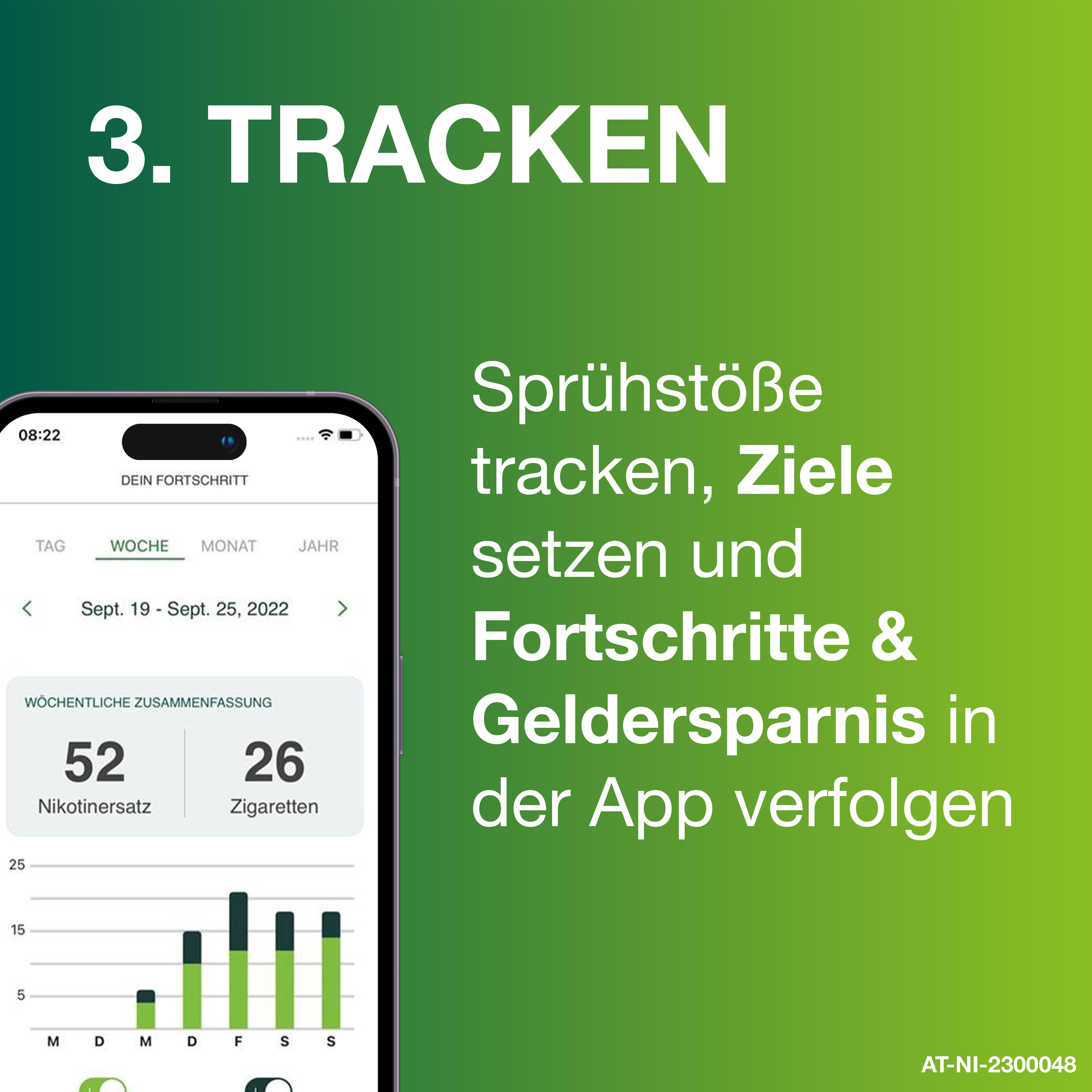Smartphone mit App. Text: Sprühstöße tracken, Ziele setzen und Fortschritte & Geldersparnis in der App verfolgen.