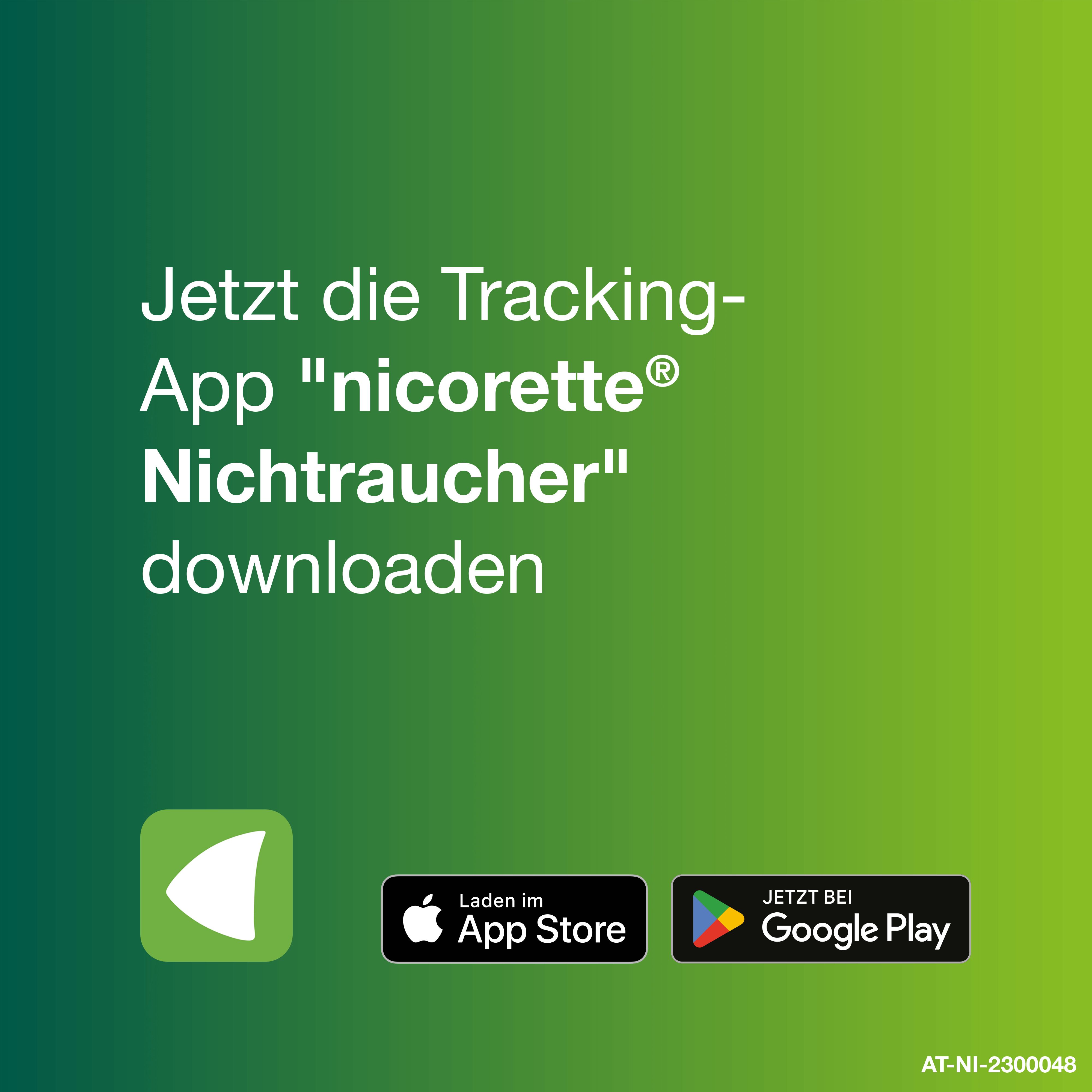 Text: Jetzt die Tracking-App „nicorette® Nichtraucher“ downloaden. App Store und Google Play Logos.