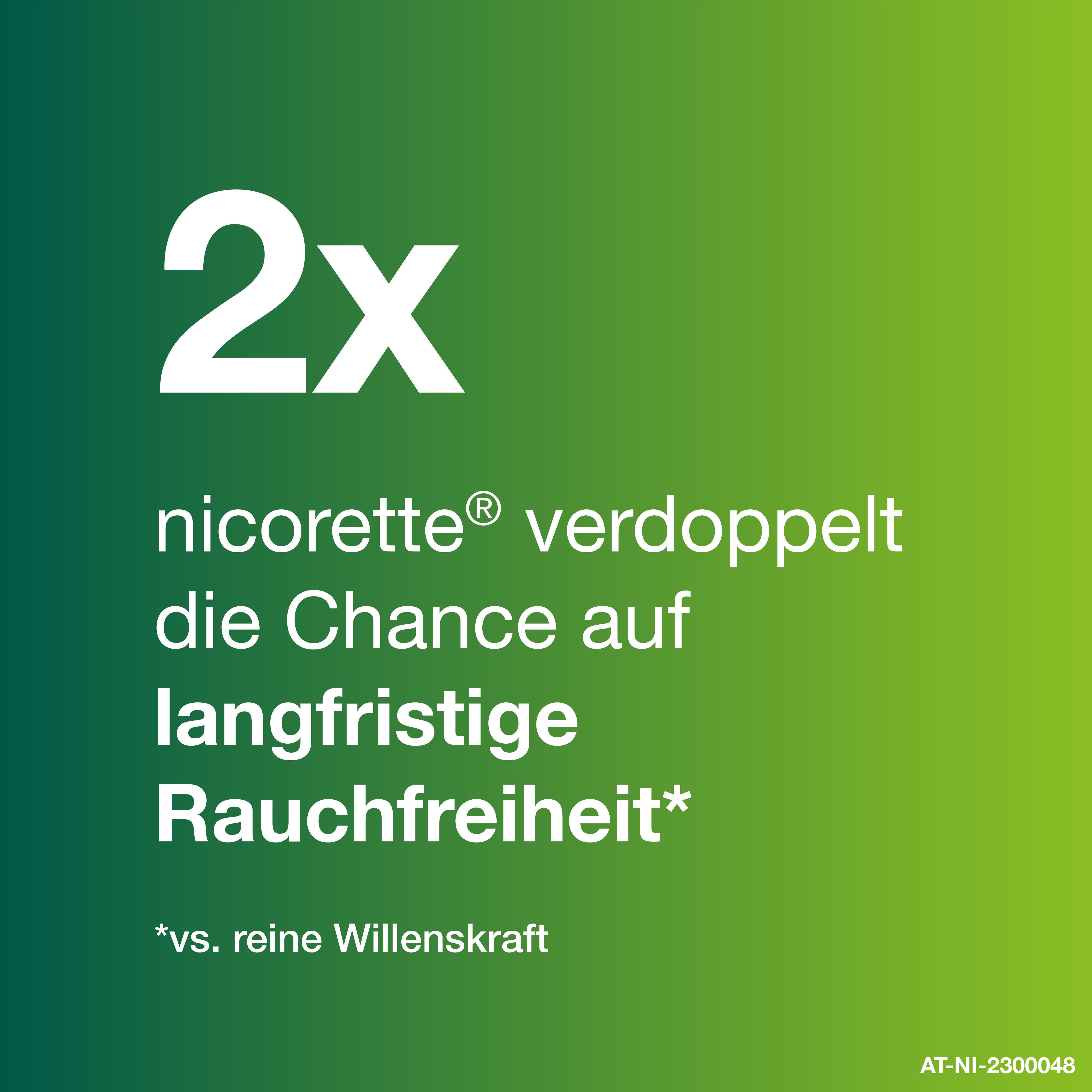 Text: nicorette® verdoppelt die Chance auf langfristige Rauchfreiheit. Sternchen-Hinweis.