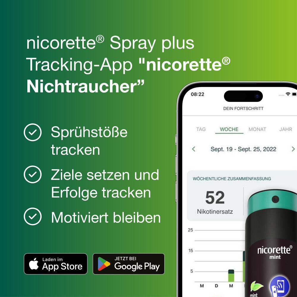 Smartphone mit App und nicorette® mint Spray. Text: Sprühstöße tracken, Ziele setzen, Erfolge tracken, motiviert bleiben.