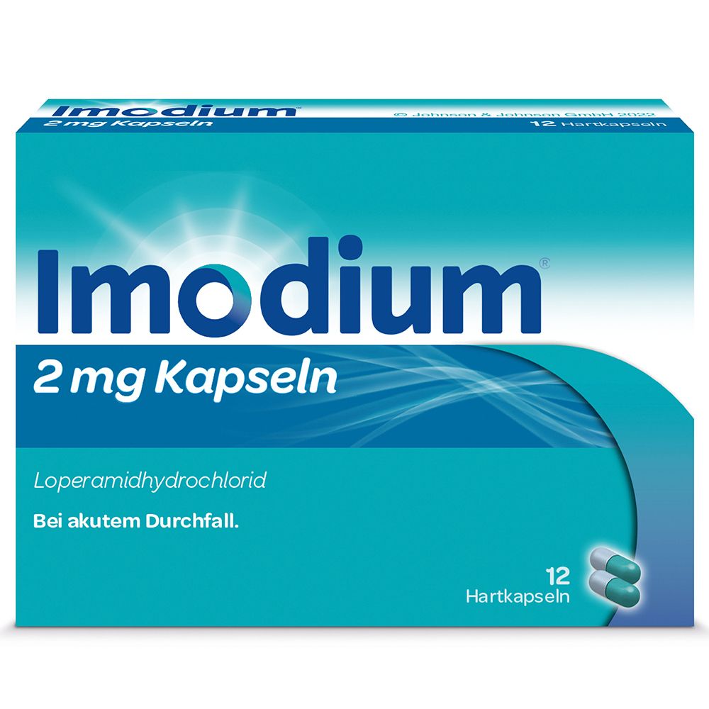 Schachtel Imodium 2 mg Kapseln. 12 Hartkapseln. Text: Loperamidhydrochlorid. Bei akutem Durchfall.