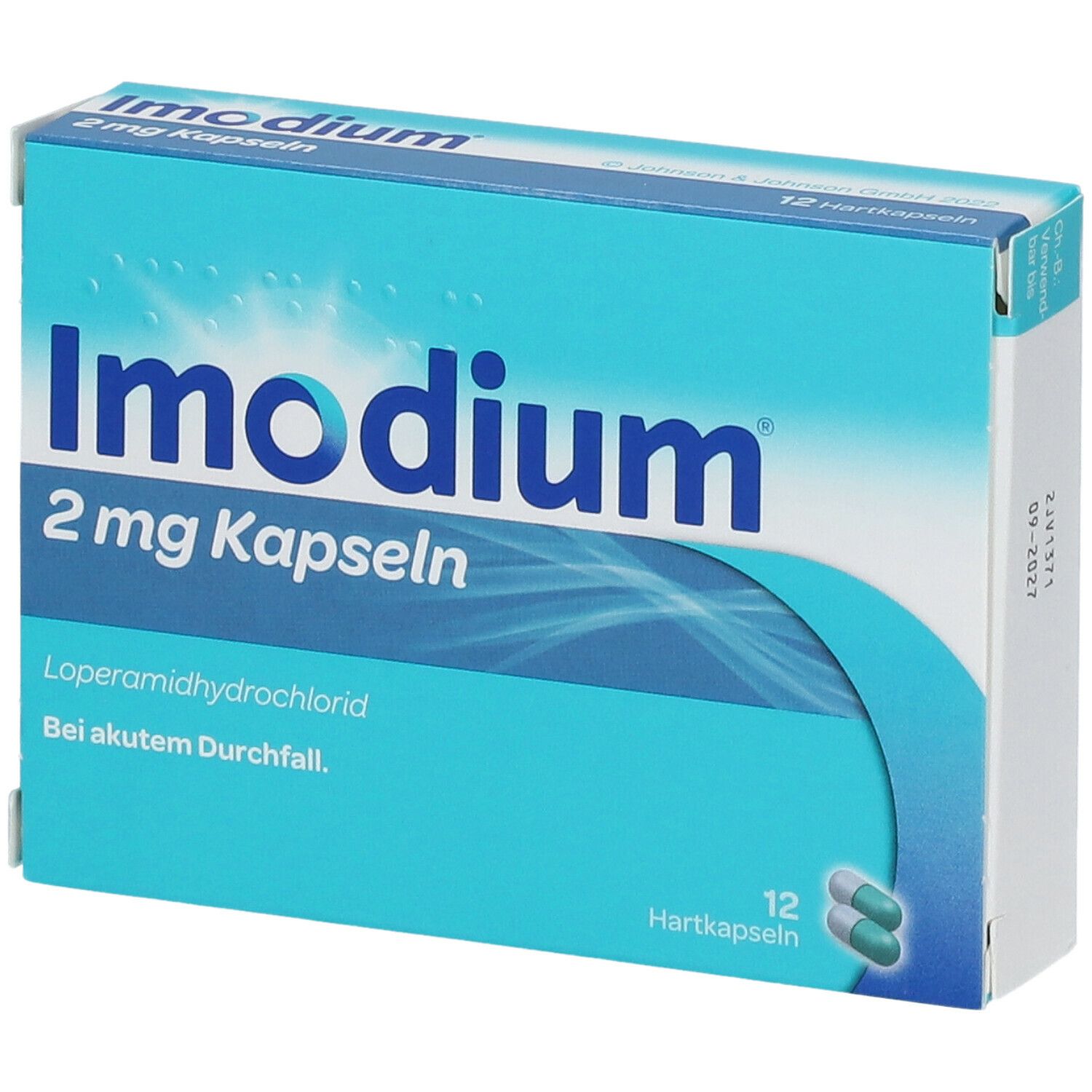 Schachtel Imodium 2 mg Kapseln. 12 Hartkapseln. Text: Loperamidhydrochlorid. Bei akutem Durchfall.