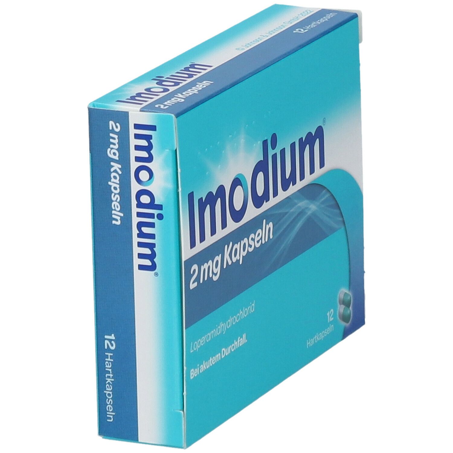 Schachtel Imodium 2 mg Kapseln. 12 Hartkapseln. Text: Loperamidhydrochlorid. Bei akutem Durchfall.