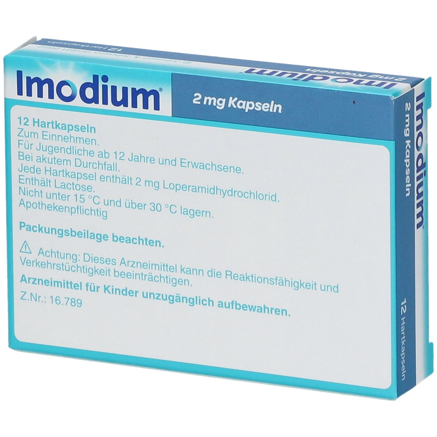 Schachtel Imodium 2 mg Kapseln. Text auf der Rückseite.