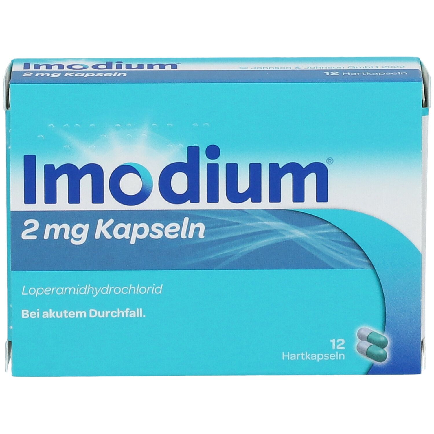 Schachtel Imodium 2 mg Kapseln. 12 Hartkapseln. Text: Loperamidhydrochlorid. Bei akutem Durchfall.