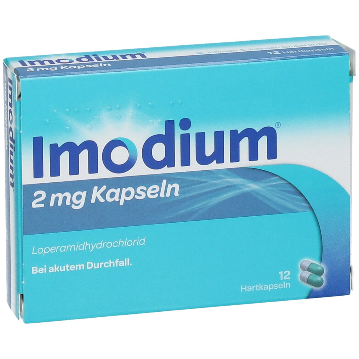 Schachtel Imodium 2 mg Kapseln. 12 Hartkapseln. Text: Loperamidhydrochlorid. Bei akutem Durchfall.