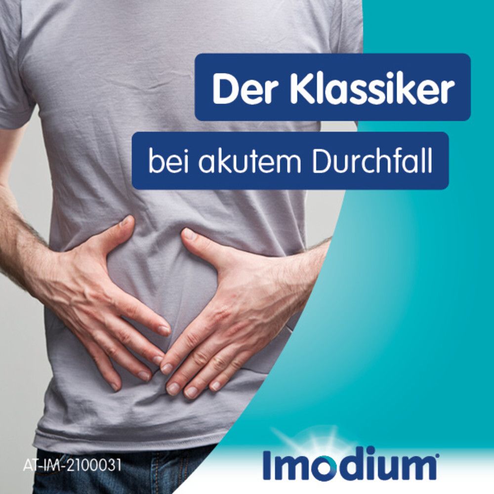 Mann hält Bauch. Text: Der Klassiker bei akutem Durchfall. Logo Imodium.