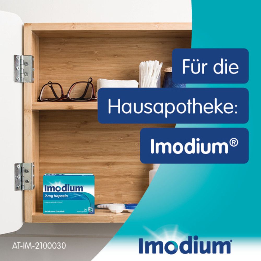 Arzneischrank. Schachtel Imodium 2 mg Kapseln. Text: Für die Hausapotheke: Imodium.