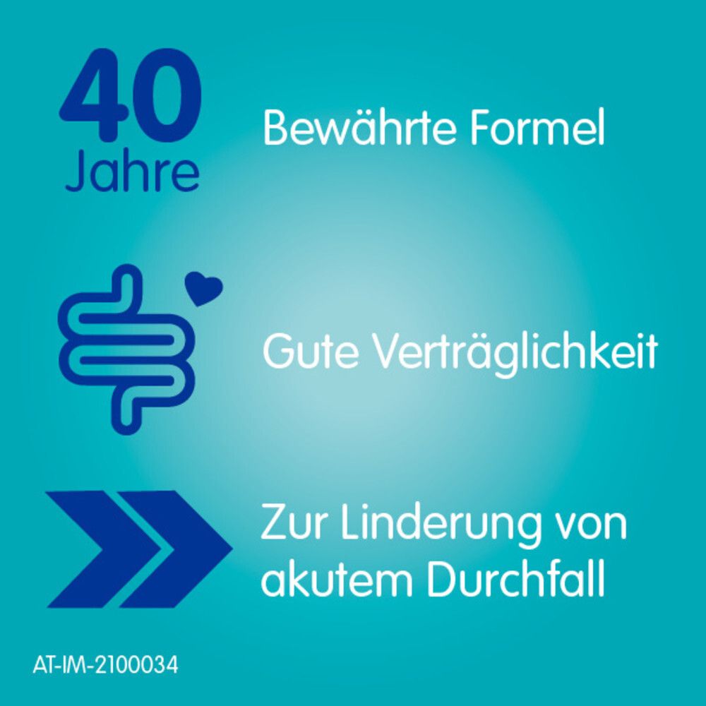 Text: 40 Jahre, Bewährte Formel, Gute Verträglichkeit, Zur Linderung von akutem Durchfall.