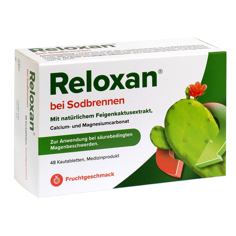 Reloxan-Verpackung. Weißer Karton mit grünem Logo und Kaktus-Illustration. Text: "bei Sodbrennen", "48 Kautabletten".
