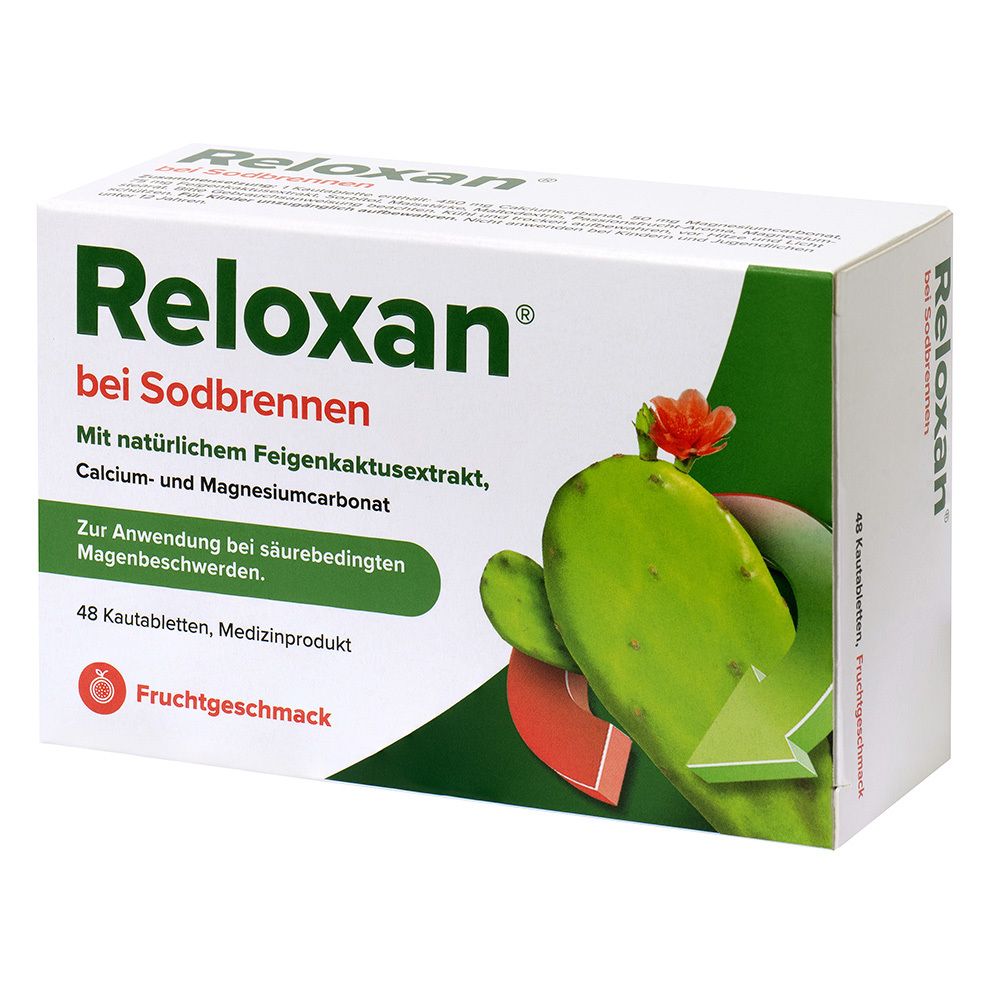 Reloxan-Verpackung. Weißer Karton mit grünem Logo und Kaktus-Illustration. Text: "bei Sodbrennen", "48 Kautabletten".